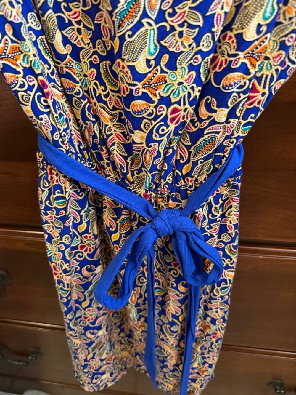Colorful Floral Print Belted Dress - Blue, Yellow, Red - Picture 2 of 3